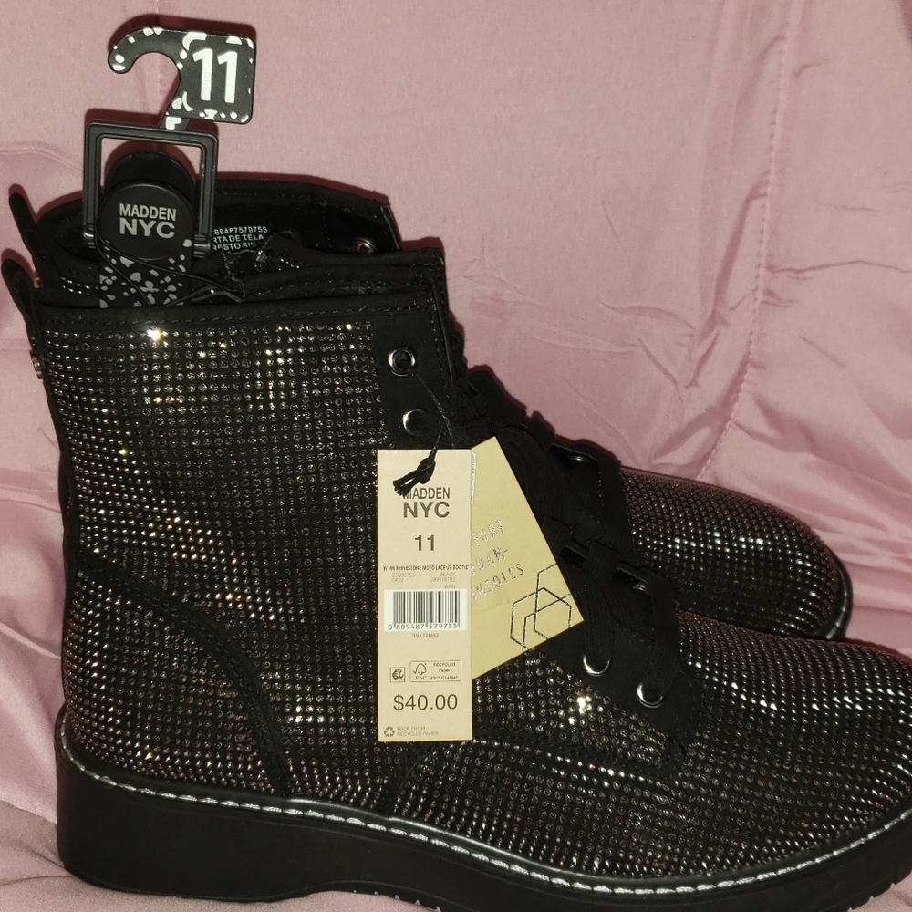 Madden NYC Rhinestone Moto Lace Up Boot Size 11 Black